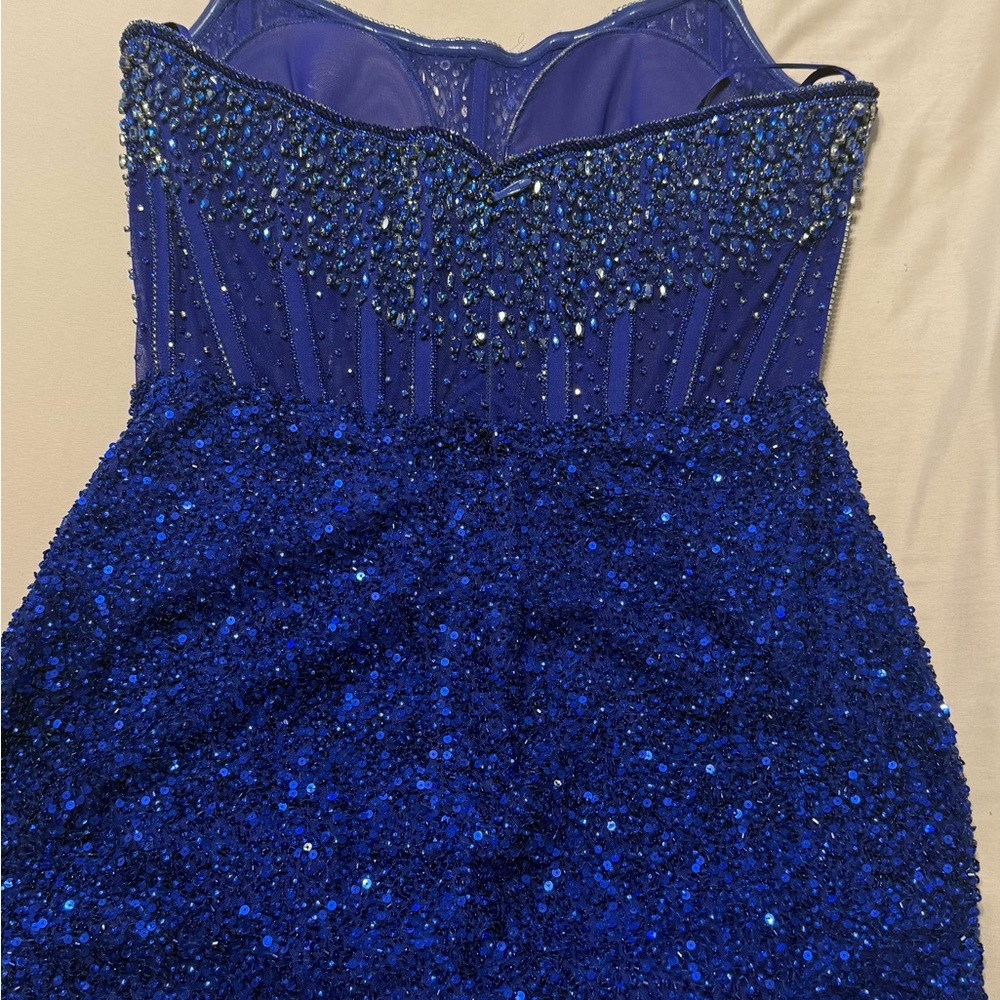 Elegant Blue Rhinestone Homecoming Dress - Picture 3 of 4